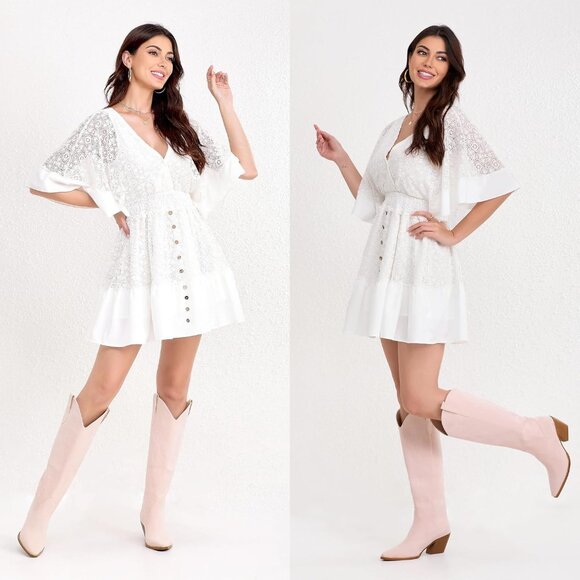 Women Pink Knee High Pointed Toe Block Heel Cowboy Western Embroidered Boots - Picture 4 of 5